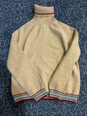 Burberry Beige Turtleneck Sweater with Red and Navy Trim
